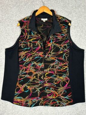 Vintage Coldwater Creek Abstract Embroidered Yarn Fleece Vest-Black-Women 3X
